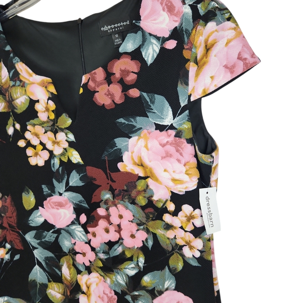NWT, Dressbarn, Women's black floral dress. Has cap sleeves. Slim fit, Size 12 - Picture 7 of 7